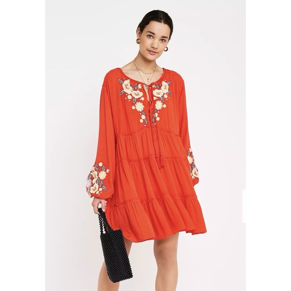 Free People Spell On You Poppy Red Floral Embroidered Peasant Dress Boho S $148